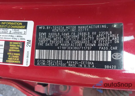 2011 Toyota Camry Se из США, поврежденный, VIN 4T1BF3EK3BU711797